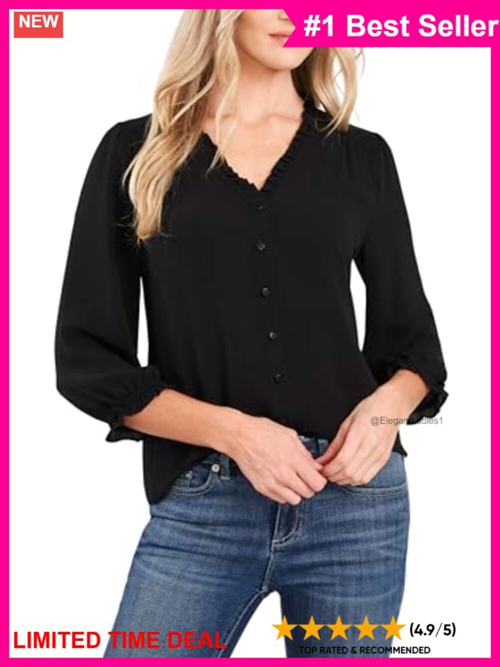 Ruffled V-Neck 3/4 Sleeve Blouse Smocked Shoulder Button Up